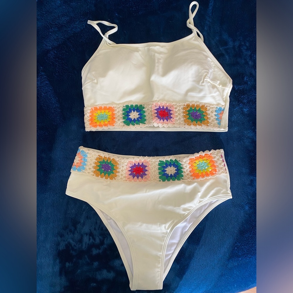 White High-Waisted Bikini with Crochet Accents